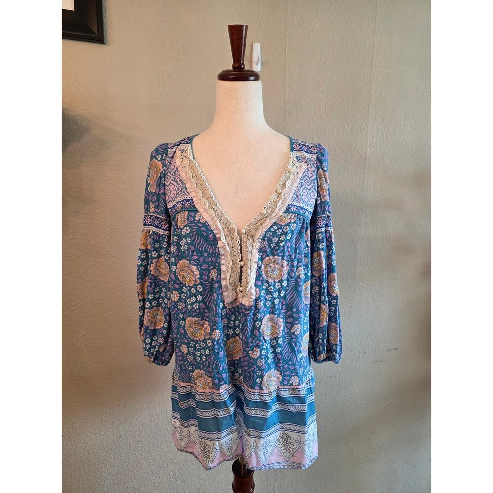 Free People Blue Floral Lace-Trim Peasant Blouse